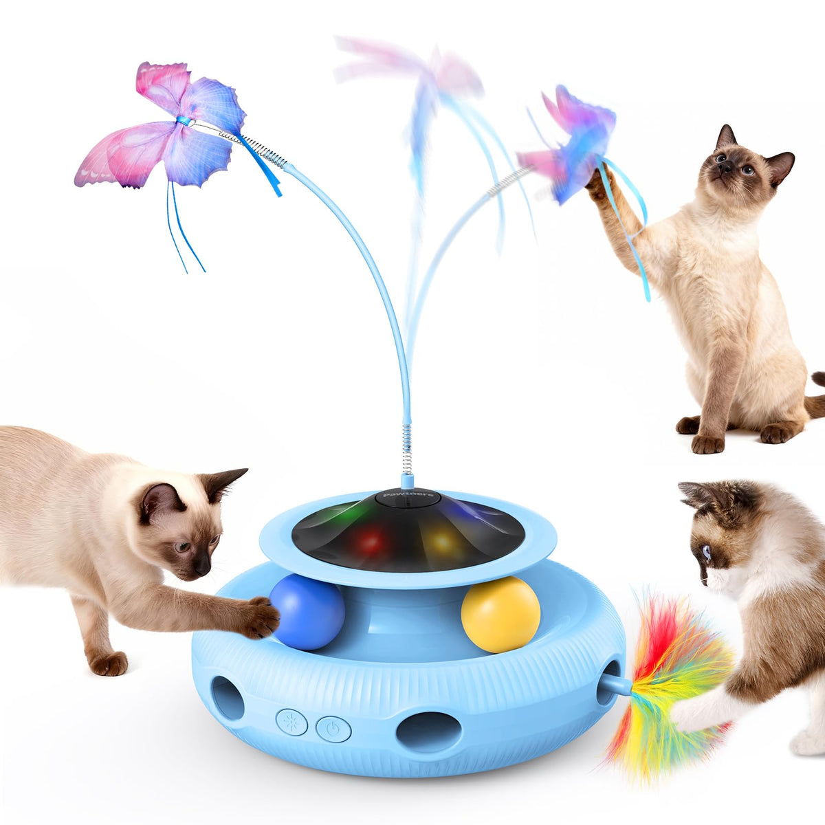 Interactive Cat Toy, 4 in 1 Automatic Interactive Kitten Toys for Indoor Cats Rechargeable with Fluttering Butterfly, Track Balls and Ambush Feather