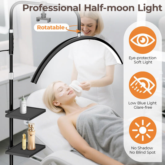 Half Moon Lash Light, 24W 1500LM Dimmable LED Floor Lamp with Adjustable Height for Lash Techs, Tattoo & Nail Artists, 4 Color Modes, Phone Holder & 2 Trays