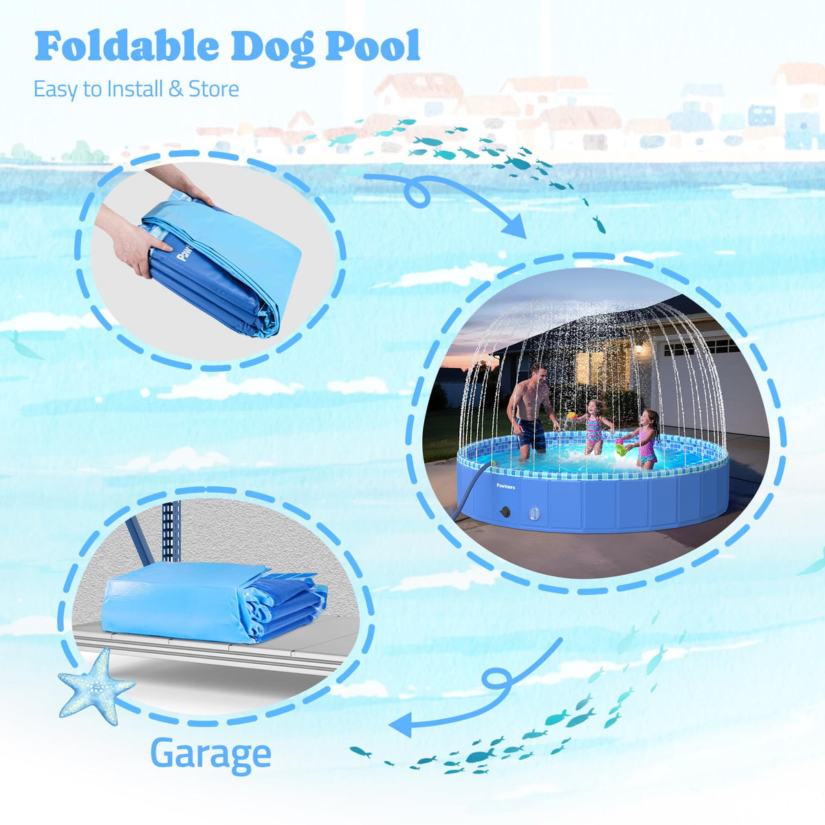 Pawtners Large Foldable Kiddie Pool 72" with Sprinkler & RGB LED Light | Splash Pad, Wading Pool, Bathing Tub, Hard Plastic, Heavy Duty, Non-Slip, Durable, Scratch Resistant, Suitable for Backyard