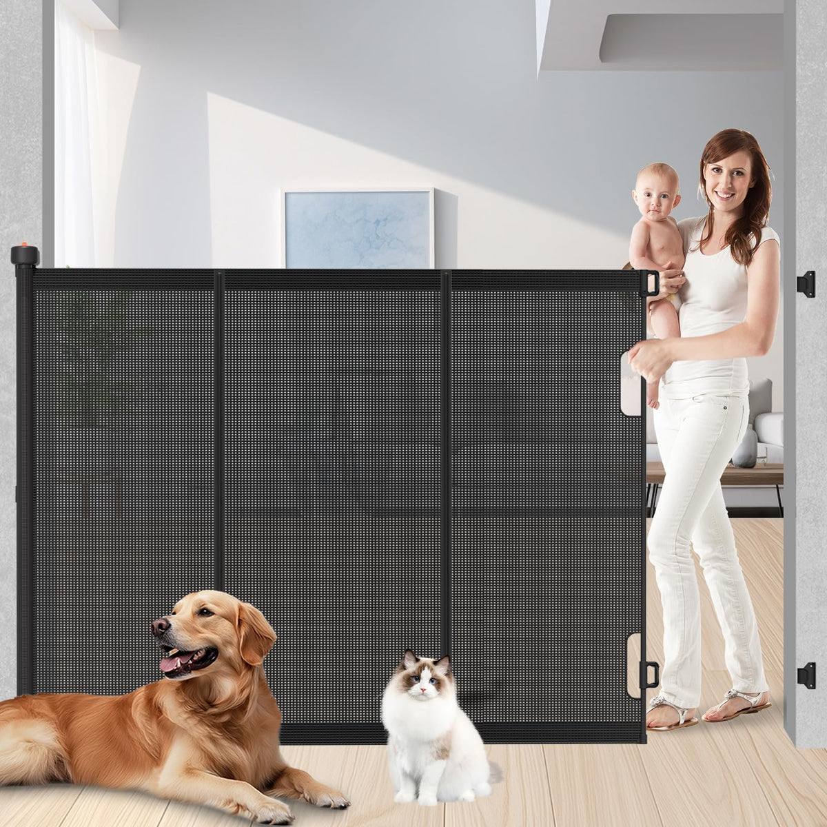 Retractable Baby Gates Extra Wide, 41" Tall Extends up to 71" Wide, Dog Gate Indoor for Stairs, Pet Gate with Support Rods for Doorways Hallways Indoor & Outdoor-Black
