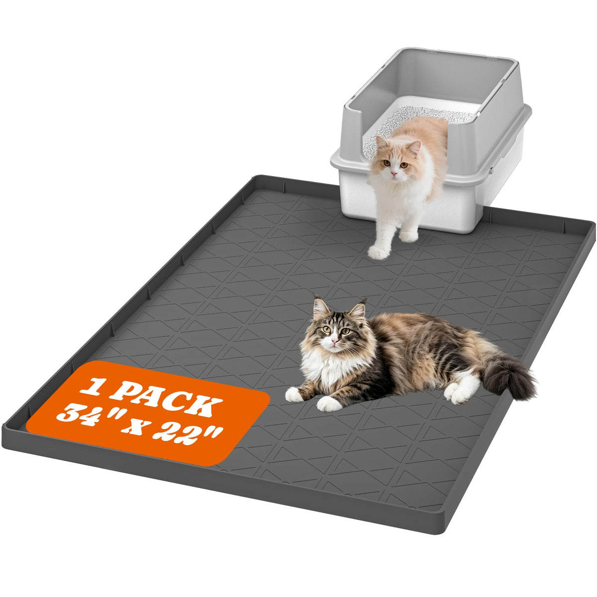 Large Cat Litter Mat for Litter Box 2 Packs, 34" x 22" Waterproof Silicone Pad for Floor, Easy to Clean, Gray