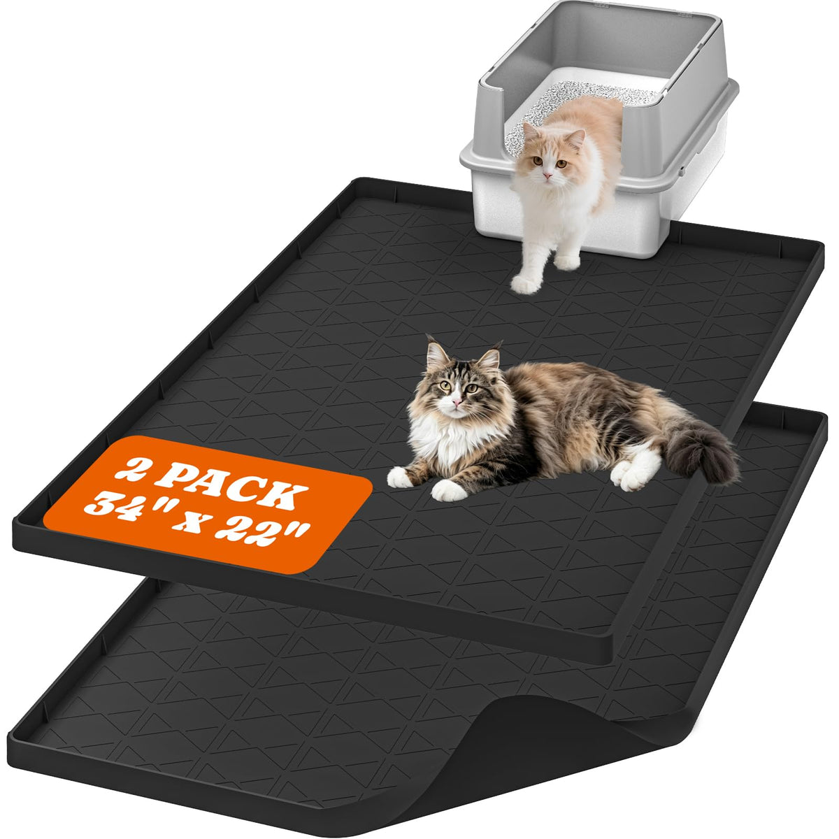Large Cat Litter Mat for Litter Box 2 Packs, 34" x 22" Waterproof Silicone Pad for Floor, Easy to Clean, Gray