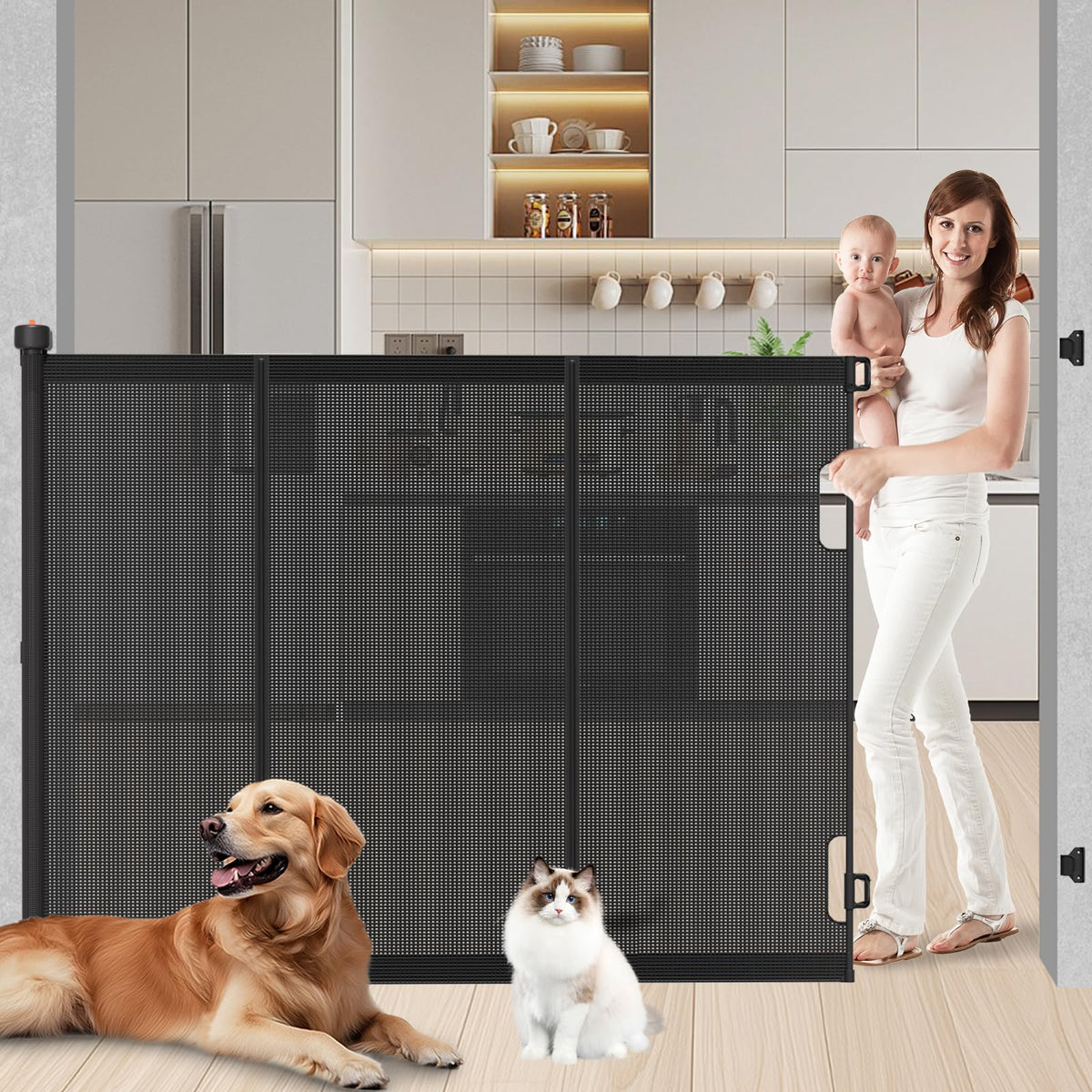 Retractable Baby Gates Extra Wide, 41" Tall Extends up to 71" Wide, Dog Gate Indoor for Stairs, Pet Gate with Support Rods for Doorways Hallways Indoor & Outdoor-Black