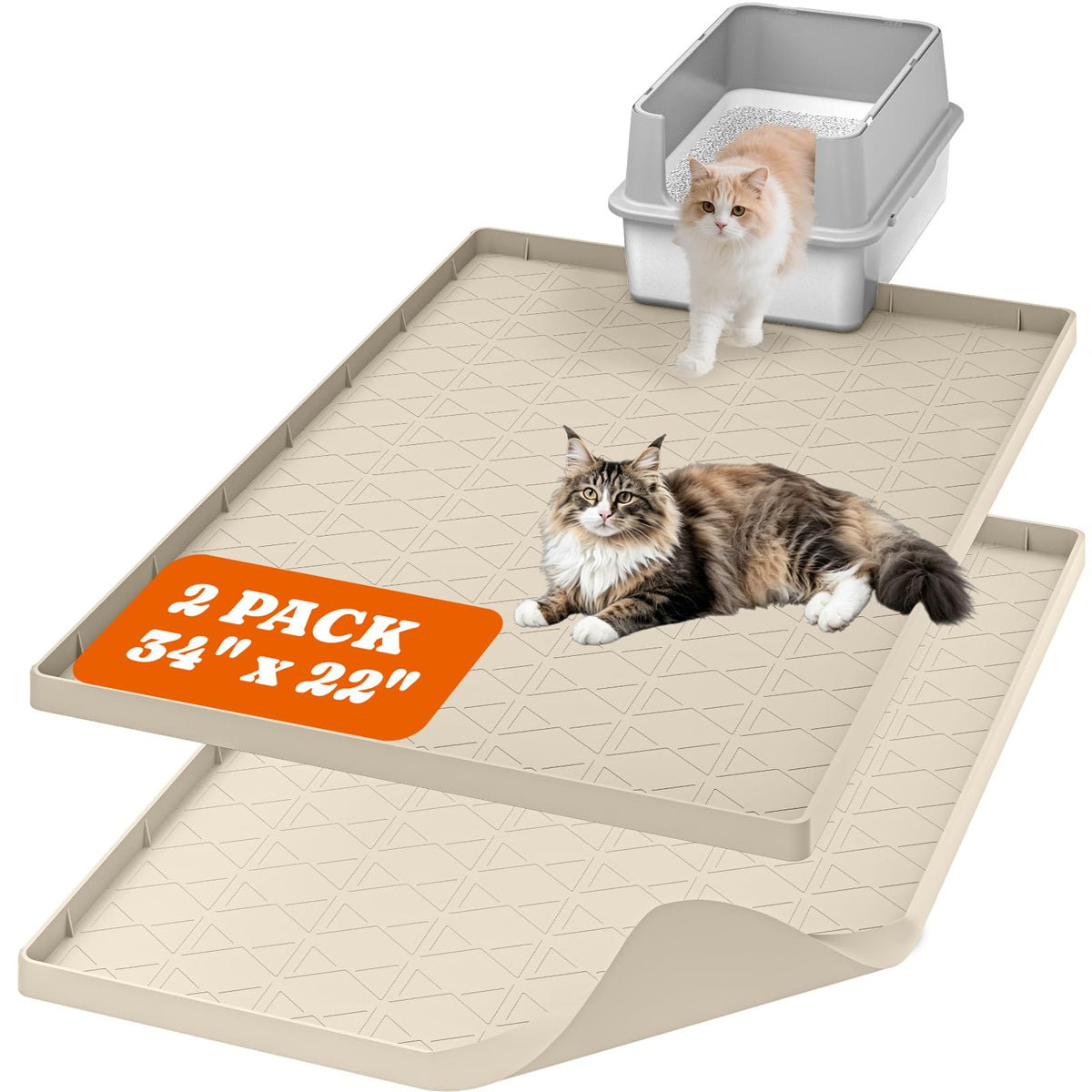 Large Cat Litter Mat for Litter Box 2 Packs, 34" x 22" Waterproof Silicone Pad for Floor, Easy to Clean, Gray