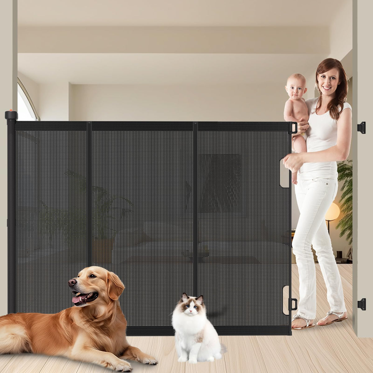 Retractable Baby Gates Extra Wide, 41" Tall Extends up to 71" Wide, Dog Gate Indoor for Stairs, Pet Gate with Support Rods for Doorways Hallways Indoor & Outdoor-Black