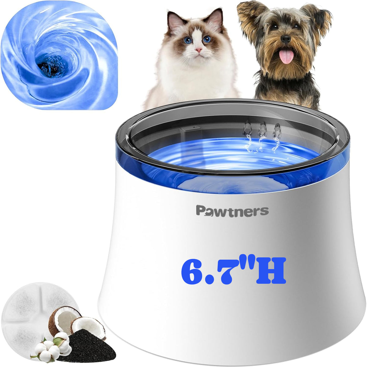 Pet Dog Water Fountain with Vortex Filter, 1 Gal/3.5L Water Bowl Dispenser for Medium Small Dog/Cat, Automatic No Spill Cat Fountain for Inside, Deep Drinking Area and Quiet Pump, 6.7" H