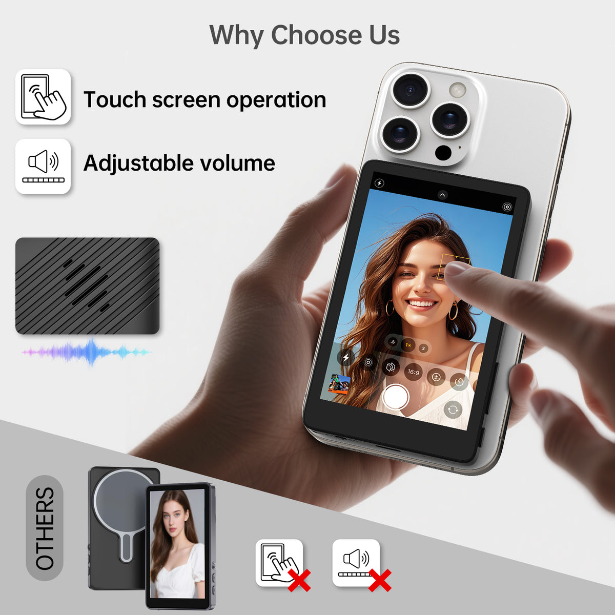 Selfie Monitor Touch Screen for iPhone 7-17, Young Master 4in 4K 30fps Magnetic Back Camera Monitor with Speaker for Vlog YouTube Tiktok Live Streaming Video Recording Content Creator, P2P Wireless