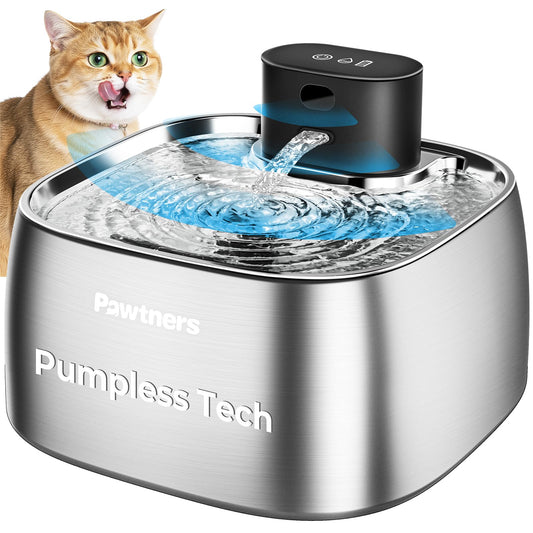 Pumpless Cat Water Fountain Stainless Steel, Automatic Cordless Cats and Dogs Water Dispenser 108oz/3.2L, Pawtners Pet Fountain with Smart Indicator &150° Motion Sensor