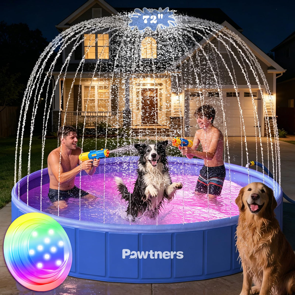 Pawtners Foldable Dog Pool with Sprinkler & RGB LED Light, 72", Blue | Collapsible Hard Plastic Swimming Pool for Small Large Dogs Cats and Kids, Portable Pet Bathing Tub for Backyard Camping