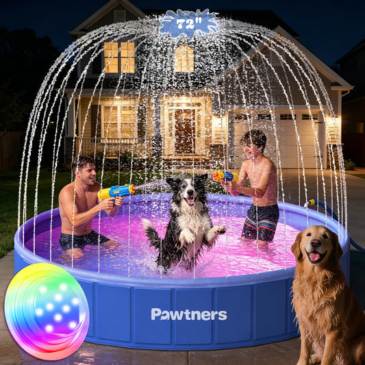 Pawtners Foldable Dog Pool with Sprinkler & RGB LED Light, 72", Blue | Collapsible Hard Plastic Swimming Pool for Small Large Dogs Cats and Kids, Portable Pet Bathing Tub for Backyard Camping