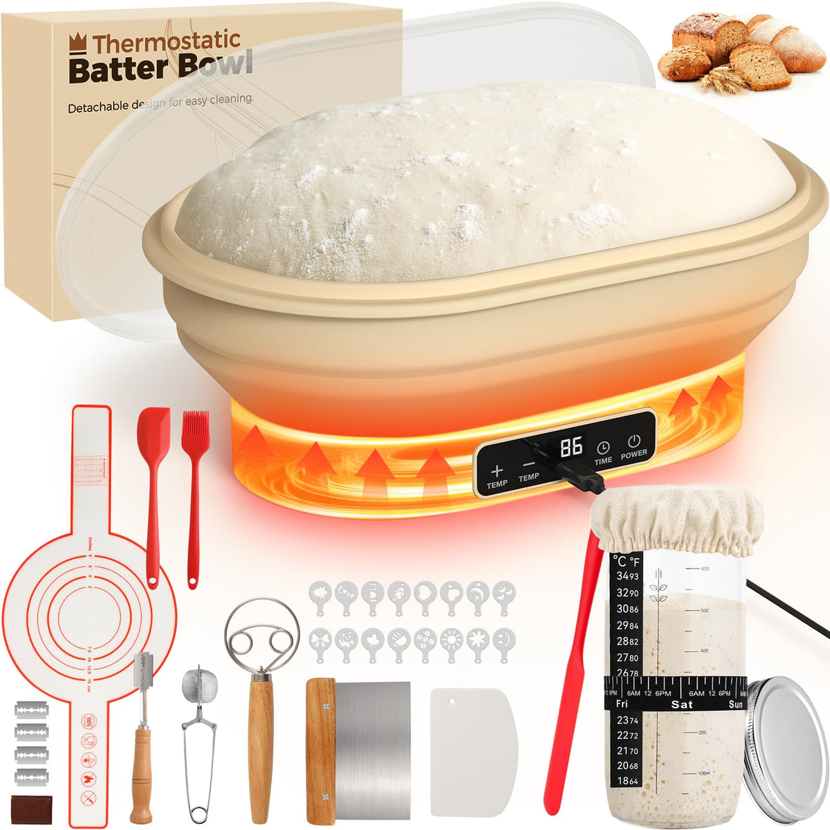 Heating Sourdough Bread Proofing Basket, 2L Electric Thermostatic Silicone Oval Banneton Proofing Bowl with 6 Timer & Temp Settings for Dough Rising, Dishwasher Safe, Foldable Sourdough Starter Bowl