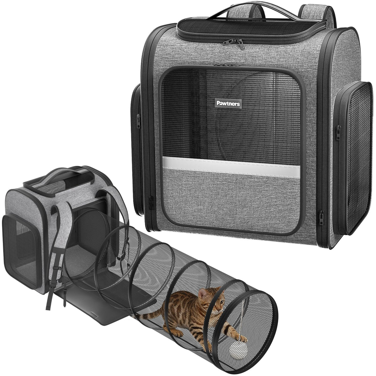 Cat Backpack with Detachable Play Tunnel, 2 in 1 Cat Tunnel Backpack Suitable for Carrying & Playing, Expandable Dog Backpack for Small Medium Kitten Puppy, Suitable for Travel Hiking Camping