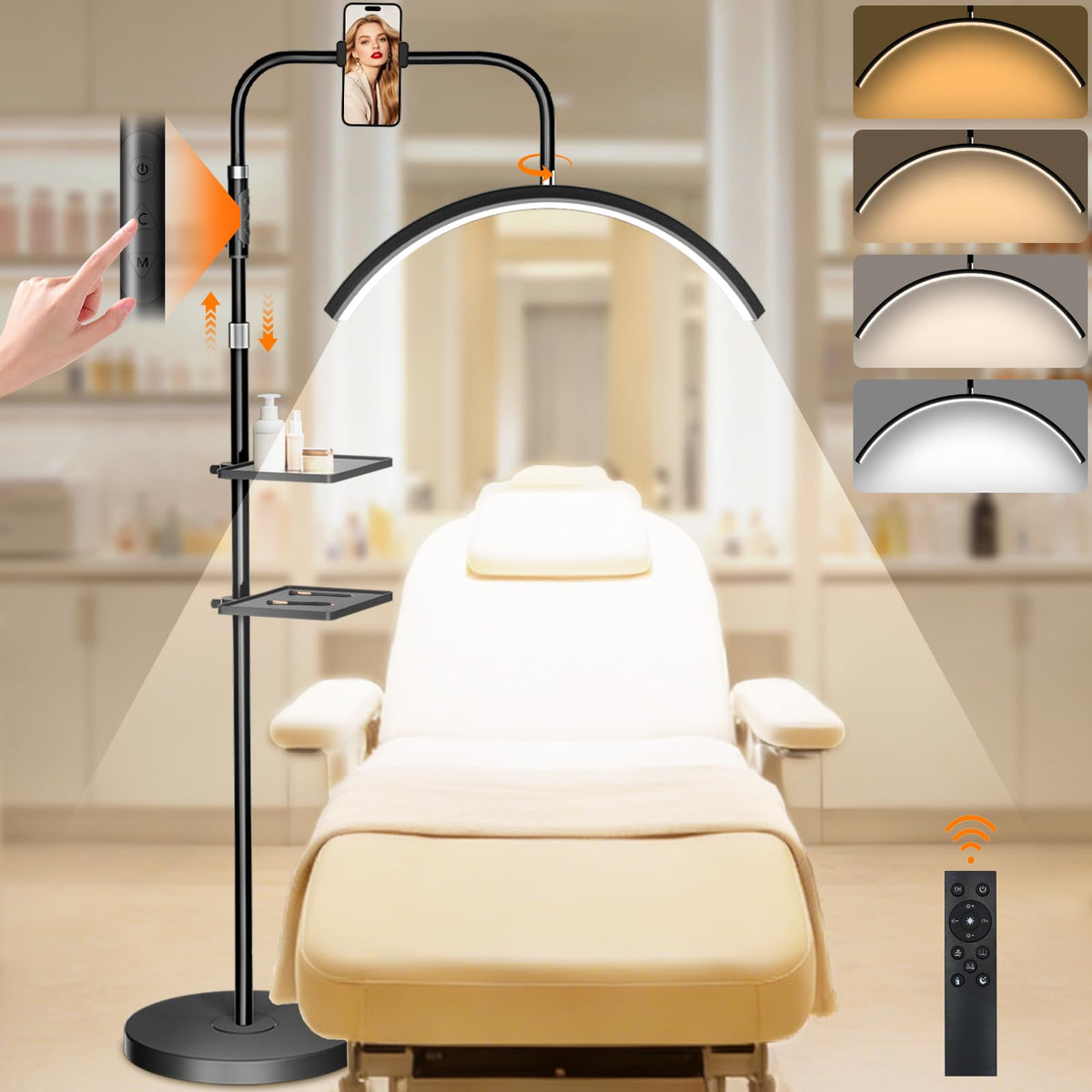 Half Moon Lash Light, 24W 1500LM Dimmable LED Floor Lamp with Adjustable Height for Lash Techs, Tattoo & Nail Artists, 4 Color Modes, Phone Holder & 2 Trays