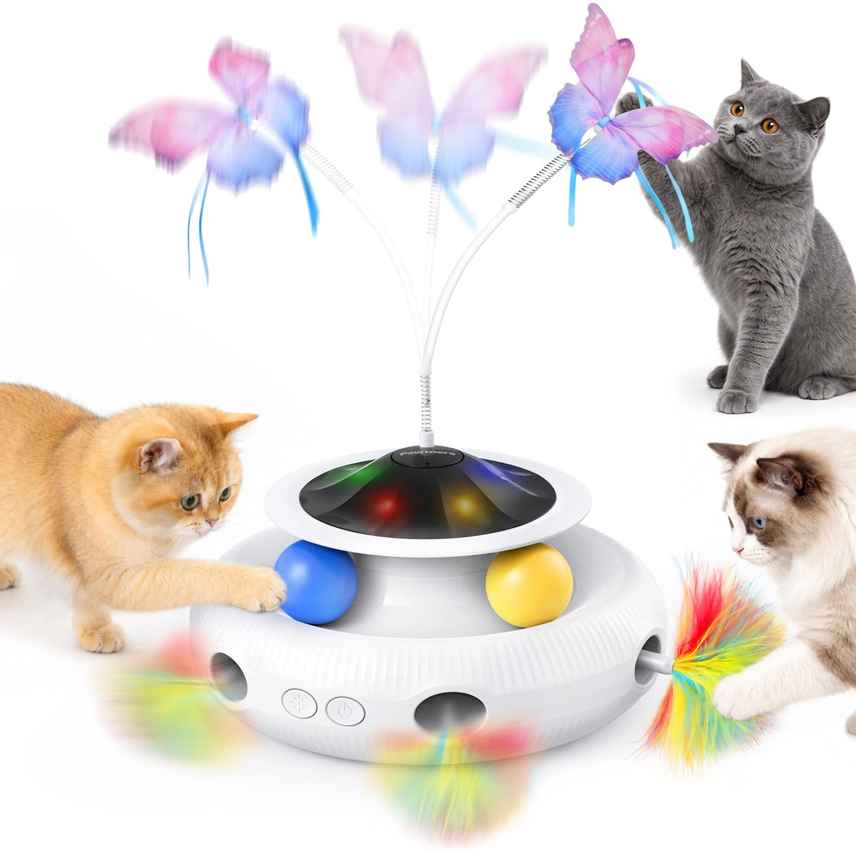 Interactive Cat Toy, 4 in 1 Automatic Interactive Kitten Toys for Indoor Cats Rechargeable with Fluttering Butterfly, Track Balls and Ambush Feather