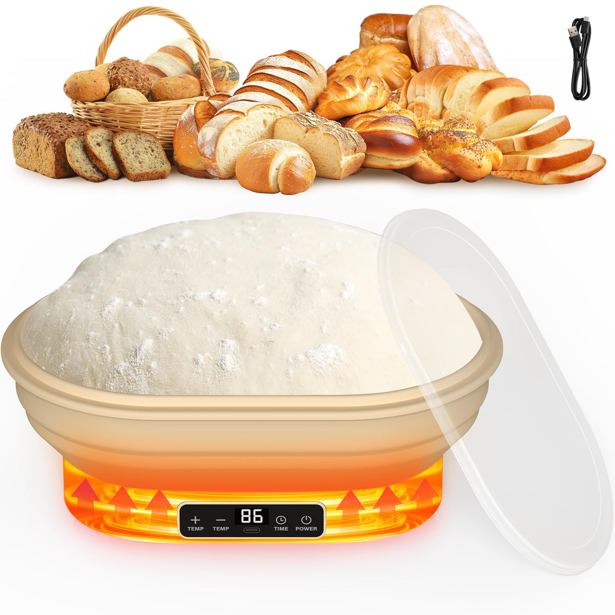Heating Sourdough Bread Proofing Basket, 2L Electric Thermostatic Silicone Oval Banneton Proofing Bowl with 6 Timer & Temp Settings for Dough Rising, Dishwasher Safe, Foldable Sourdough Starter Bowl