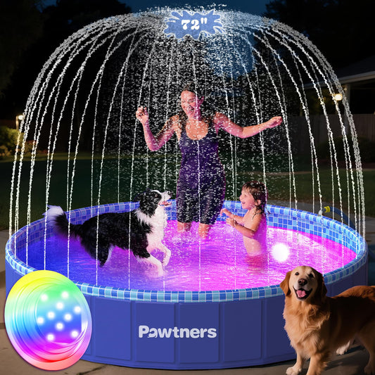 Pawtners Large Foldable Kiddie Pool 72" with Sprinkler & RGB LED Light | Splash Pad, Wading Pool, Bathing Tub, Hard Plastic, Heavy Duty, Non-Slip, Durable, Scratch Resistant, Suitable for Backyard