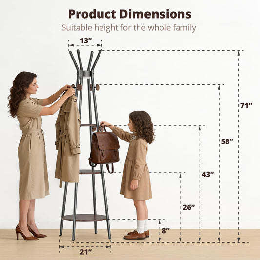 Coat Rack, Freestanding Coat Rack with 3 Shelves and 12 Hooks, Coat tree with Motion Sensor Light for Entryway, Livingroom, Hall Tree Free Standing for Coats, Scarves, Handbags, Black