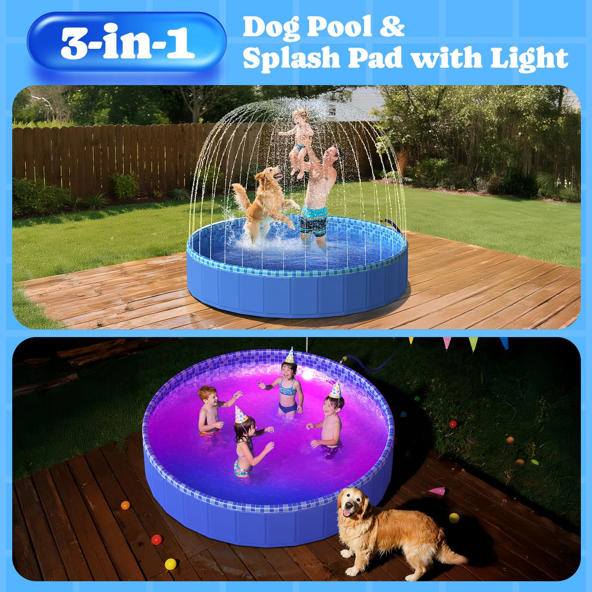 Pawtners Large Foldable Kiddie Pool 72" with Sprinkler & RGB LED Light | Splash Pad, Wading Pool, Bathing Tub, Hard Plastic, Heavy Duty, Non-Slip, Durable, Scratch Resistant, Suitable for Backyard