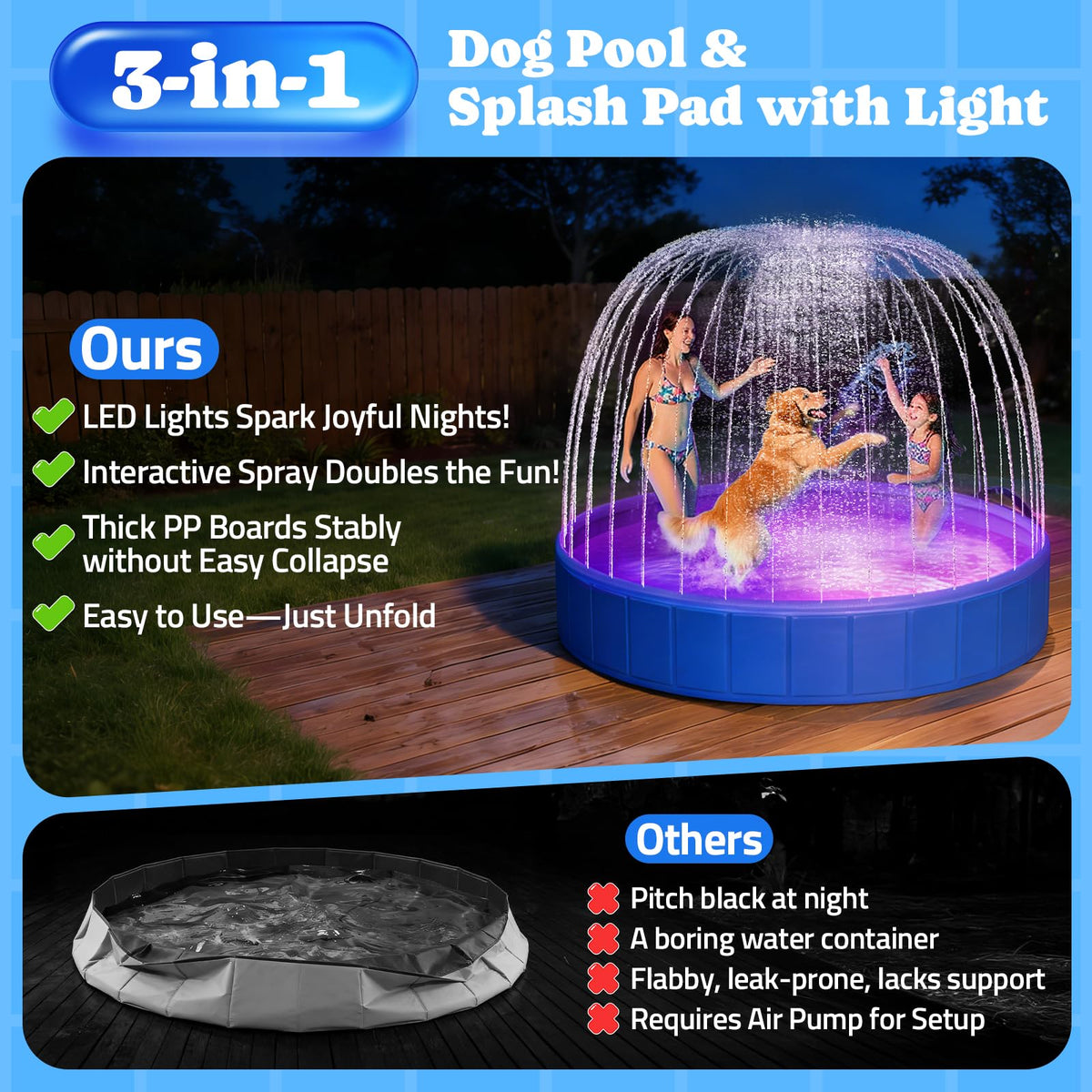 Pawtners Foldable Dog Pool with Sprinkler & RGB LED Light, 72", Blue | Collapsible Hard Plastic Swimming Pool for Small Large Dogs Cats and Kids, Portable Pet Bathing Tub for Backyard Camping