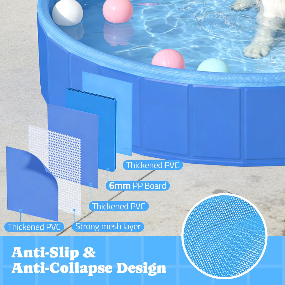 Pawtners Foldable Dog Pool with Sprinkler & RGB LED Light, 72", Blue | Collapsible Hard Plastic Swimming Pool for Small Large Dogs Cats and Kids, Portable Pet Bathing Tub for Backyard Camping
