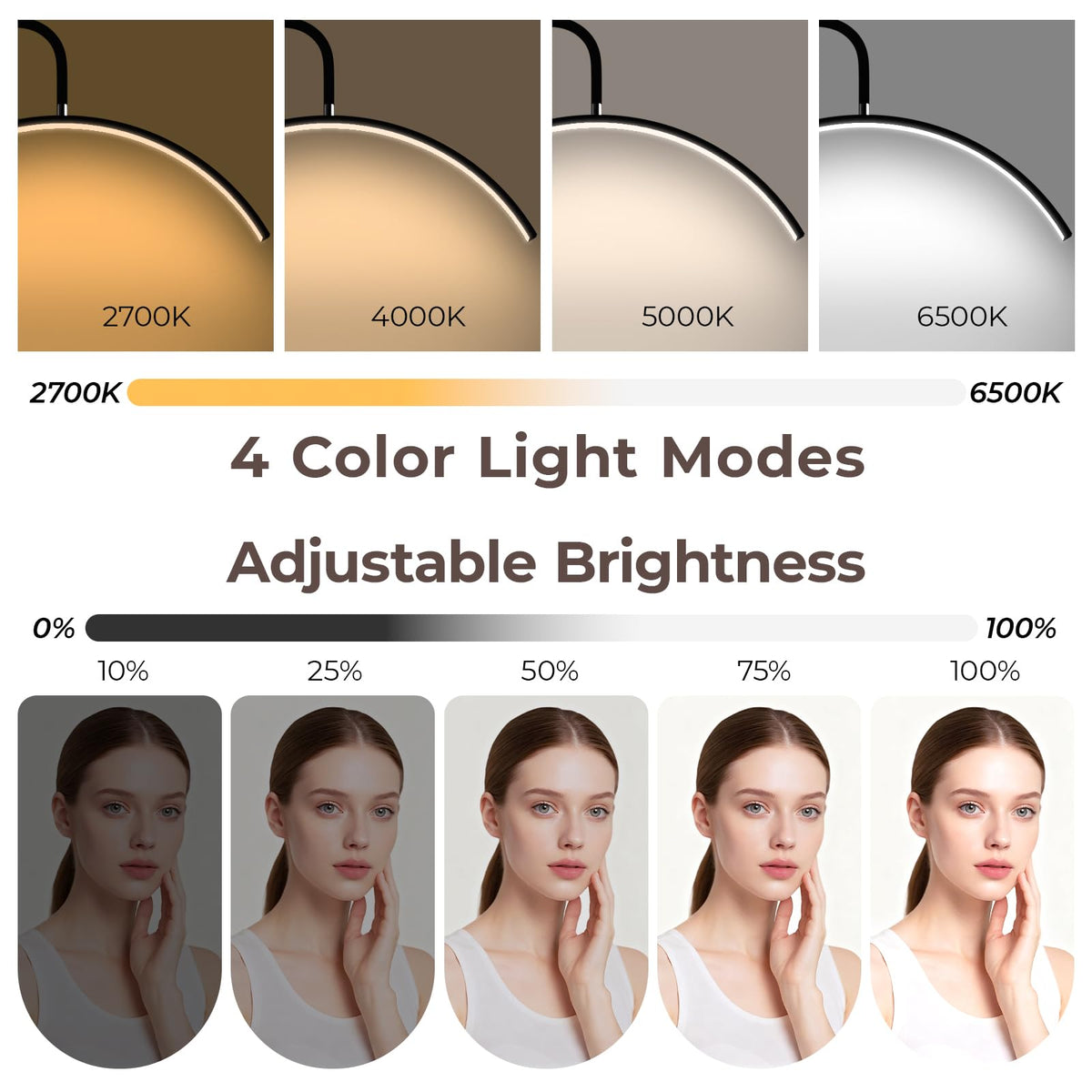 Half Moon Lash Light, 24W 1500LM Dimmable LED Floor Lamp with Adjustable Height for Lash Techs, Tattoo & Nail Artists, 4 Color Modes, Phone Holder & 2 Trays