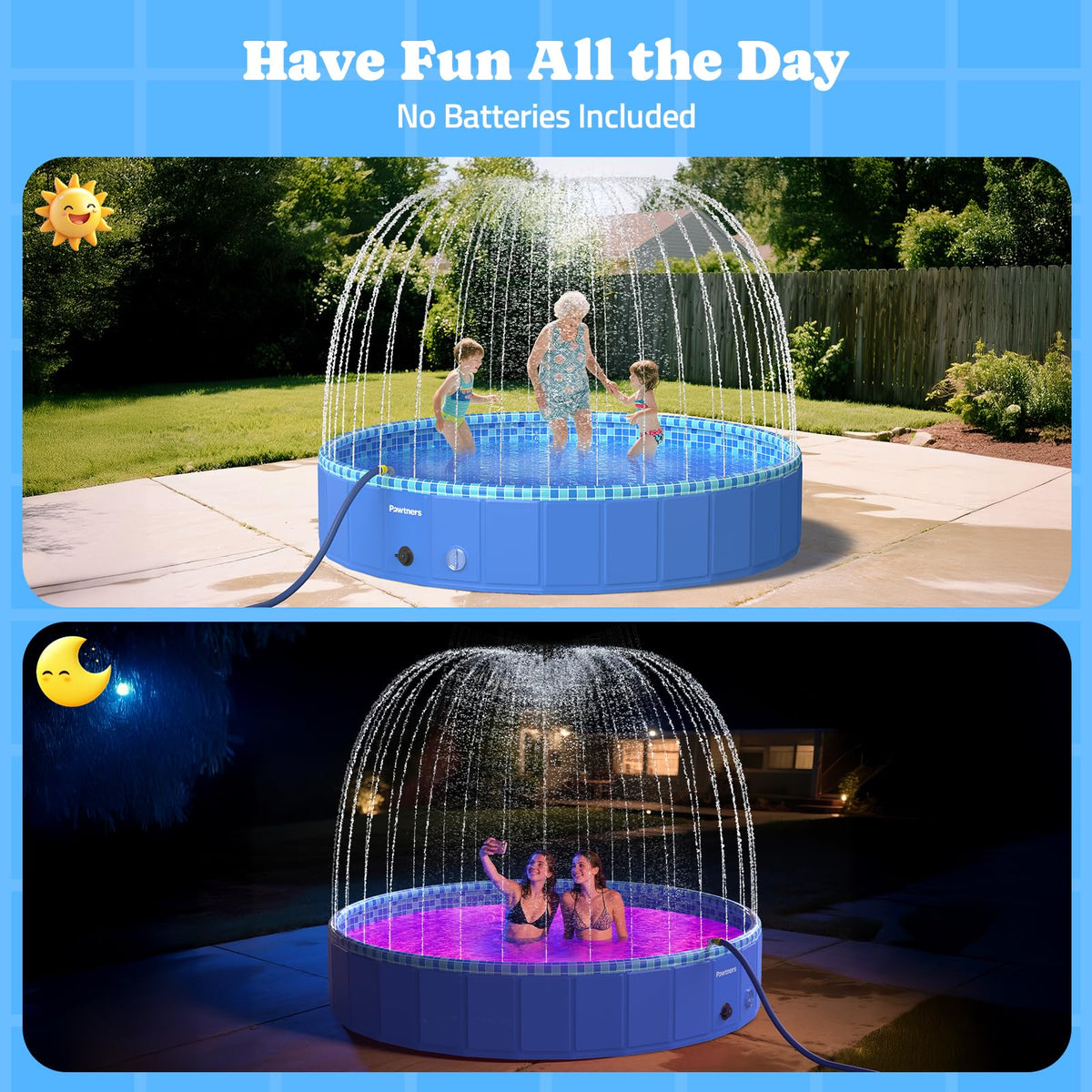 Pawtners Large Foldable Kiddie Pool 72" with Sprinkler & RGB LED Light | Splash Pad, Wading Pool, Bathing Tub, Hard Plastic, Heavy Duty, Non-Slip, Durable, Scratch Resistant, Suitable for Backyard