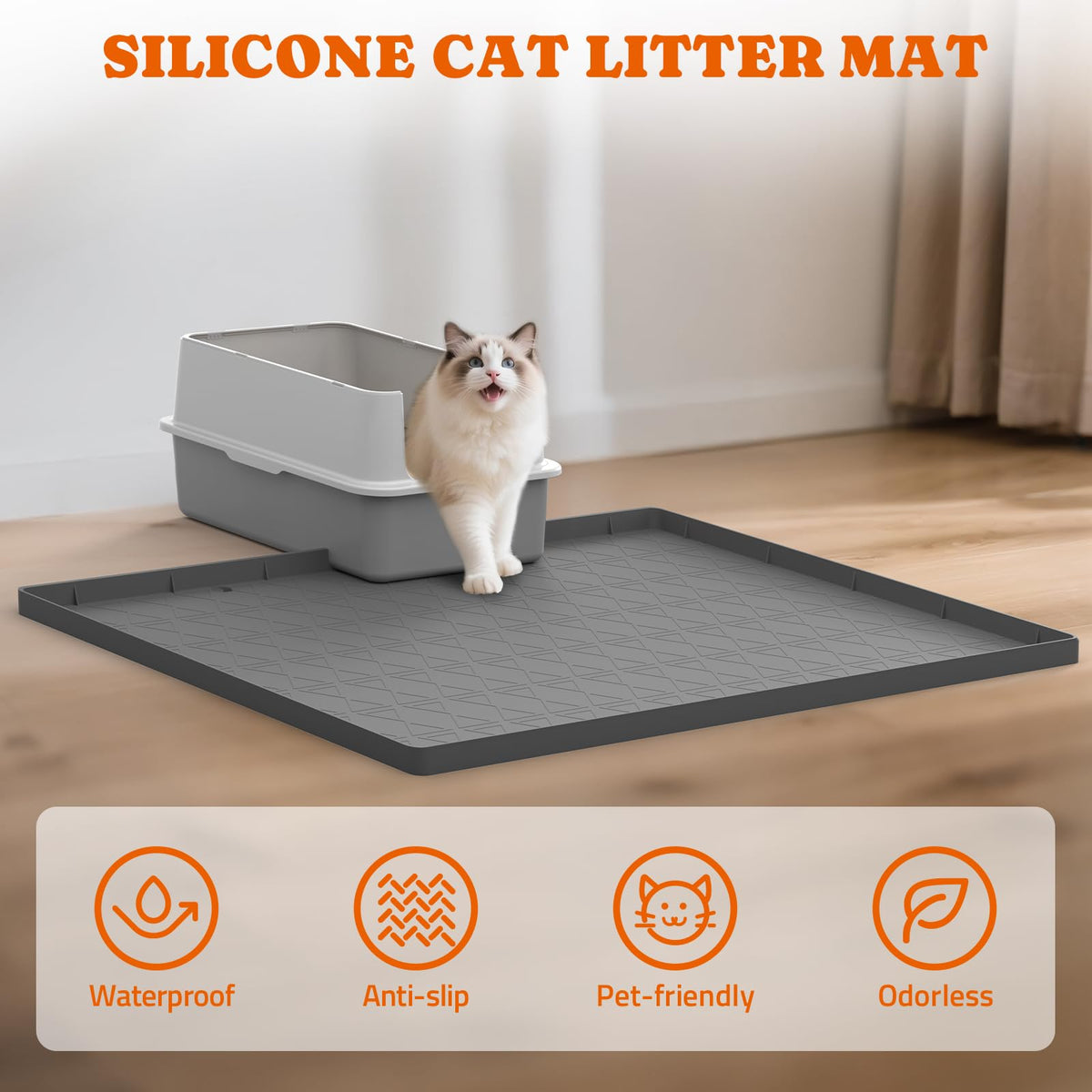 Large Cat Litter Mat for Litter Box 2 Packs, 34" x 22" Waterproof Silicone Pad for Floor, Easy to Clean, Gray
