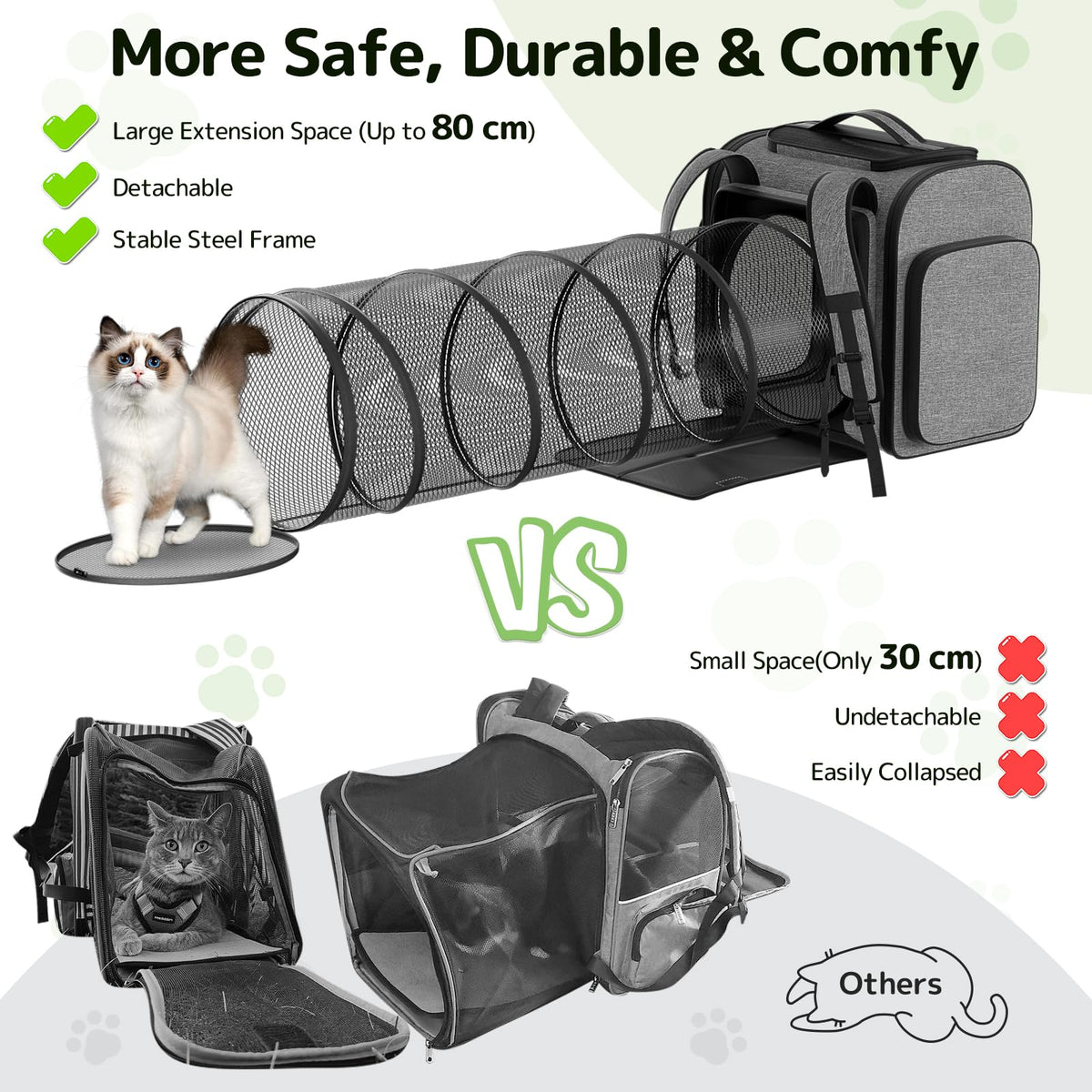 Cat Backpack with Detachable Play Tunnel, 2 in 1 Cat Tunnel Backpack Suitable for Carrying & Playing, Expandable Dog Backpack for Small Medium Kitten Puppy, Suitable for Travel Hiking Camping