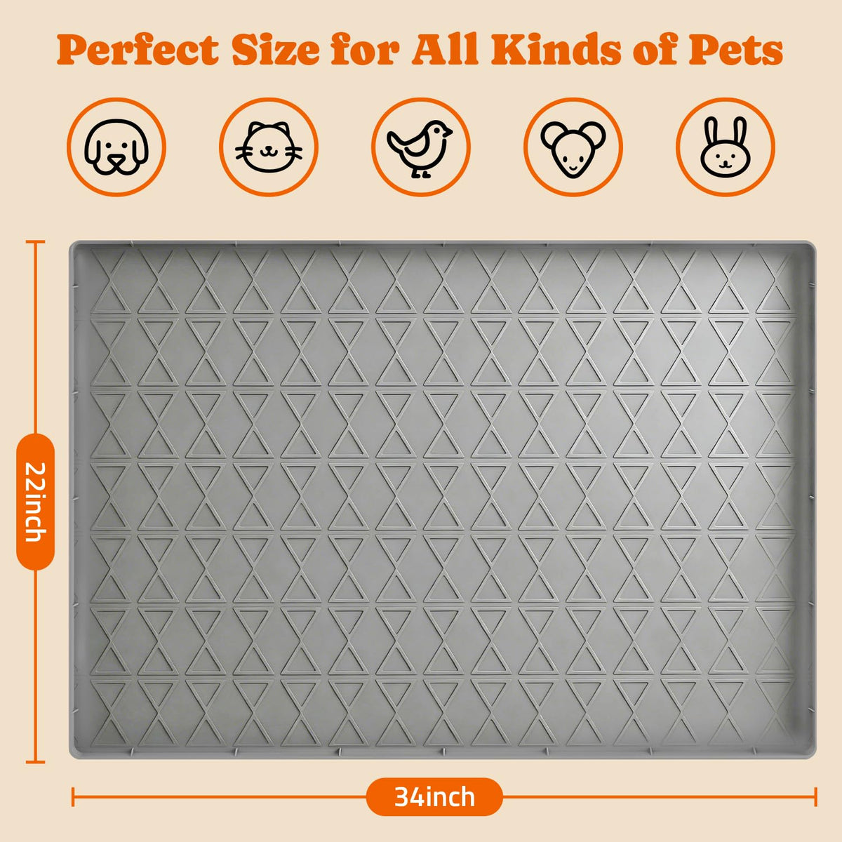 Large Silicone Dog Food Mat with Raised Edge, Waterproof Non-Slip Pet Feeding Mat for Floors, Dog Bowl Mat for Food and Water, Spill Proof Cat & Dog Feeding Placemat, Easy Clean, 34 x 22, Gray