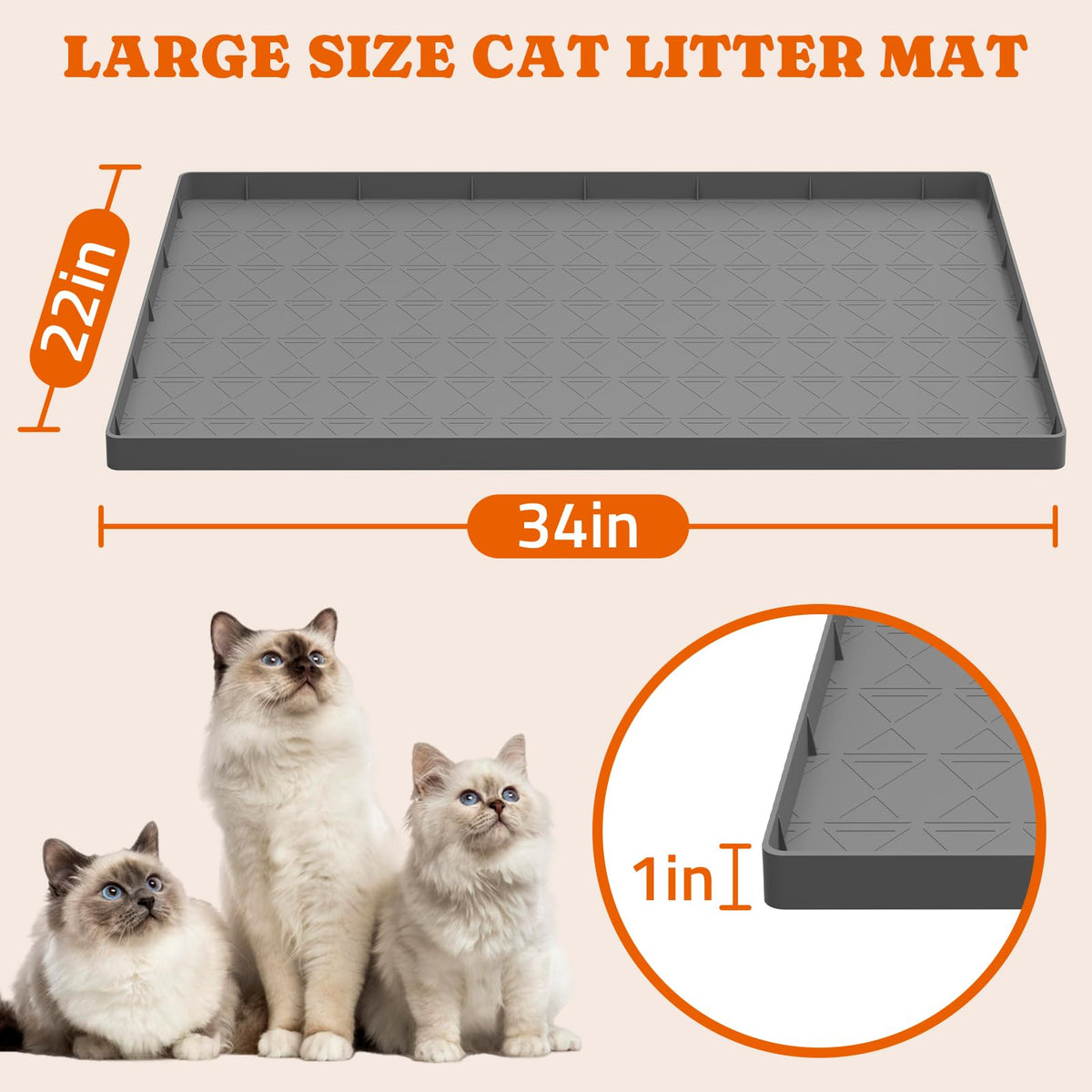 Large Cat Litter Mat for Litter Box 2 Packs, 34" x 22" Waterproof Silicone Pad for Floor, Easy to Clean, Gray