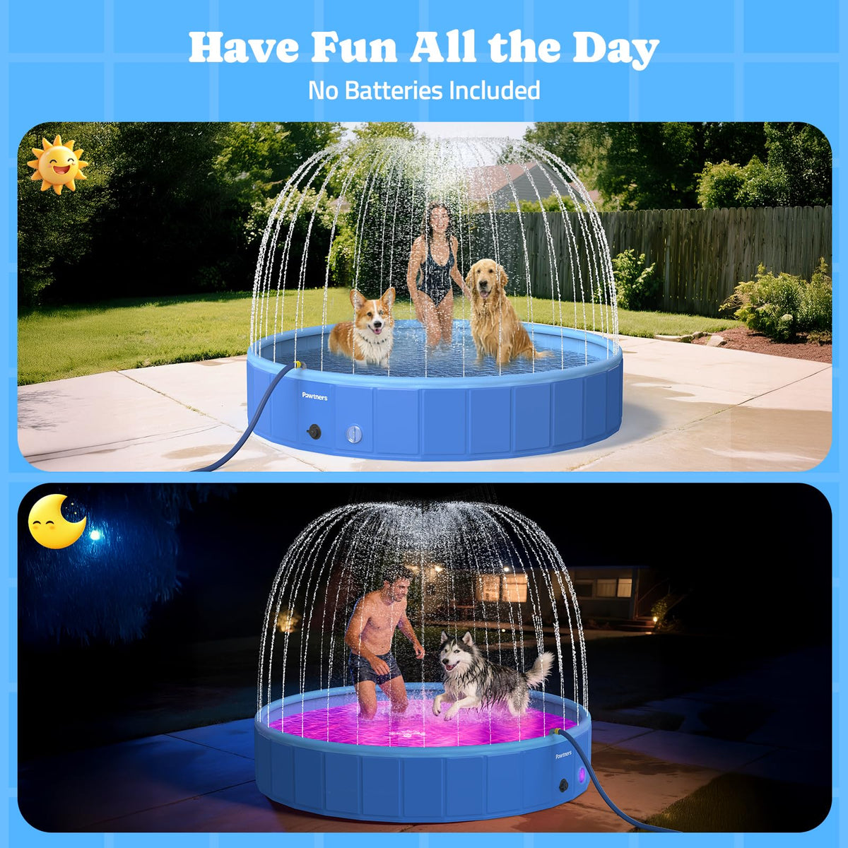 Pawtners Foldable Dog Pool with Sprinkler & RGB LED Light, 72", Blue | Collapsible Hard Plastic Swimming Pool for Small Large Dogs Cats and Kids, Portable Pet Bathing Tub for Backyard Camping