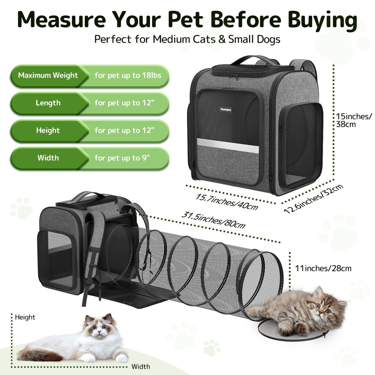 Cat Backpack with Detachable Play Tunnel, 2 in 1 Cat Tunnel Backpack Suitable for Carrying & Playing, Expandable Dog Backpack for Small Medium Kitten Puppy, Suitable for Travel Hiking Camping