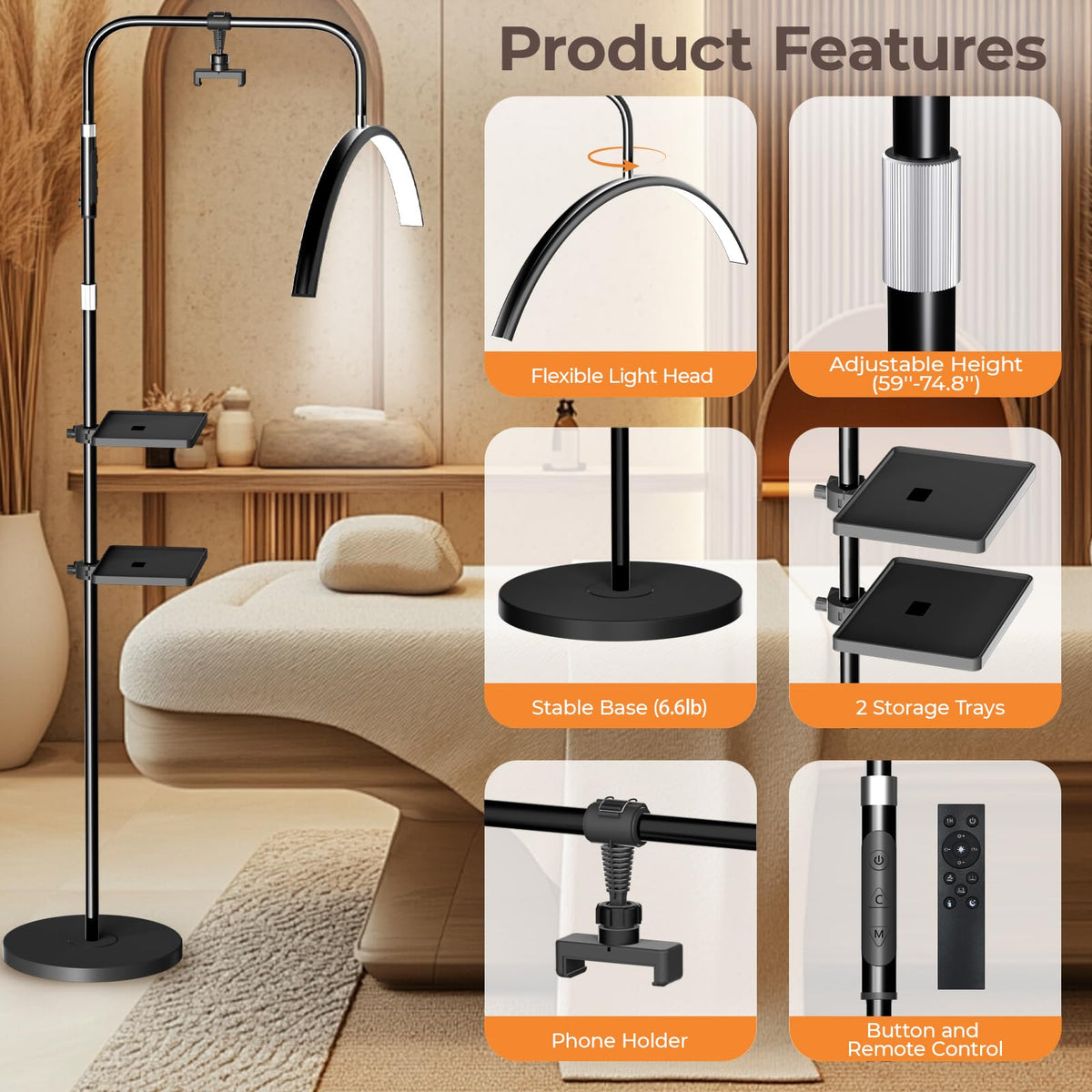 Half Moon Lash Light, 24W 1500LM Dimmable LED Floor Lamp with Adjustable Height for Lash Techs, Tattoo & Nail Artists, 4 Color Modes, Phone Holder & 2 Trays