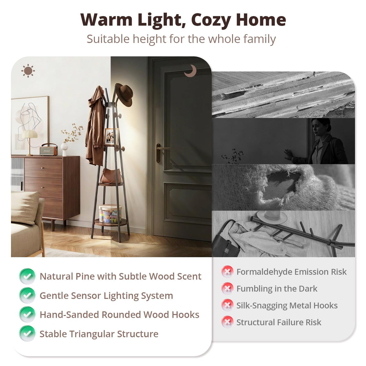 Coat Rack, Freestanding Coat Rack with 3 Shelves and 12 Hooks, Coat tree with Motion Sensor Light for Entryway, Livingroom, Hall Tree Free Standing for Coats, Scarves, Handbags, Black
