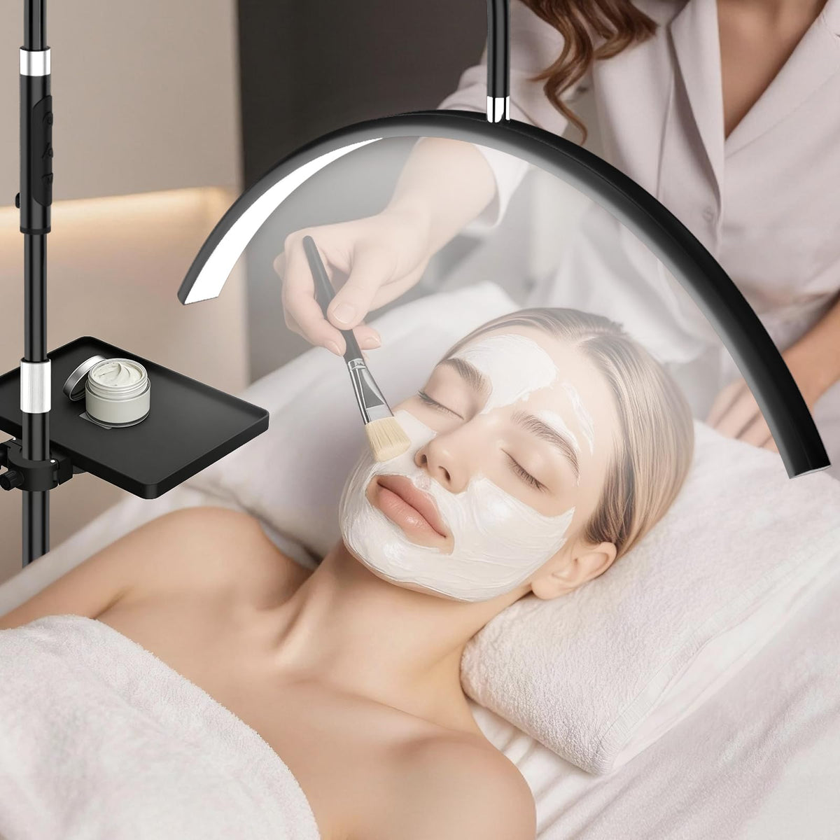 Half Moon Lash Light, 24W 1500LM Dimmable LED Floor Lamp with Adjustable Height for Lash Techs, Tattoo & Nail Artists, 4 Color Modes, Phone Holder & 2 Trays