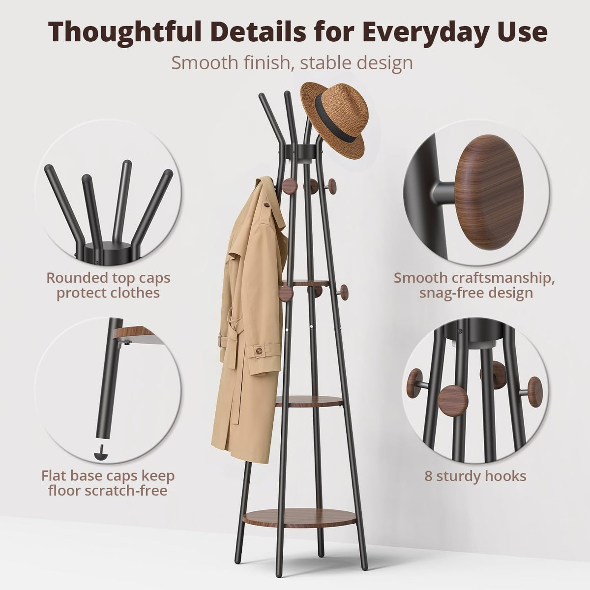 Coat Rack, Freestanding Coat Rack with 3 Shelves and 12 Hooks, Coat tree with Motion Sensor Light for Entryway, Livingroom, Hall Tree Free Standing for Coats, Scarves, Handbags, Black