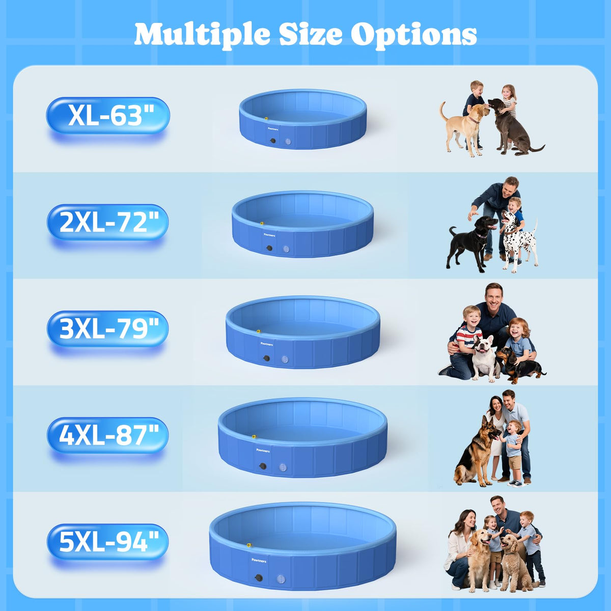 Pawtners Foldable Dog Pool with Sprinkler & RGB LED Light, 72", Blue | Collapsible Hard Plastic Swimming Pool for Small Large Dogs Cats and Kids, Portable Pet Bathing Tub for Backyard Camping
