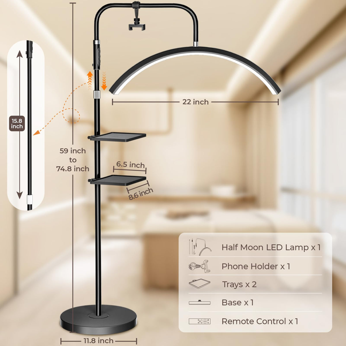 Half Moon Lash Light, 24W 1500LM Dimmable LED Floor Lamp with Adjustable Height for Lash Techs, Tattoo & Nail Artists, 4 Color Modes, Phone Holder & 2 Trays