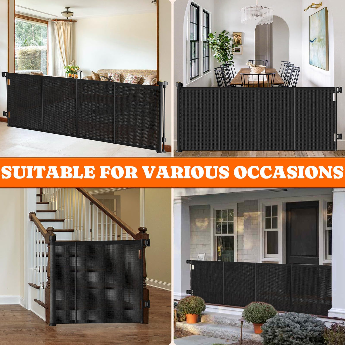 Retractable Baby Gates Extra Wide, 41" Tall Extends up to 71" Wide, Dog Gate Indoor for Stairs, Pet Gate with Support Rods for Doorways Hallways Indoor & Outdoor-Black