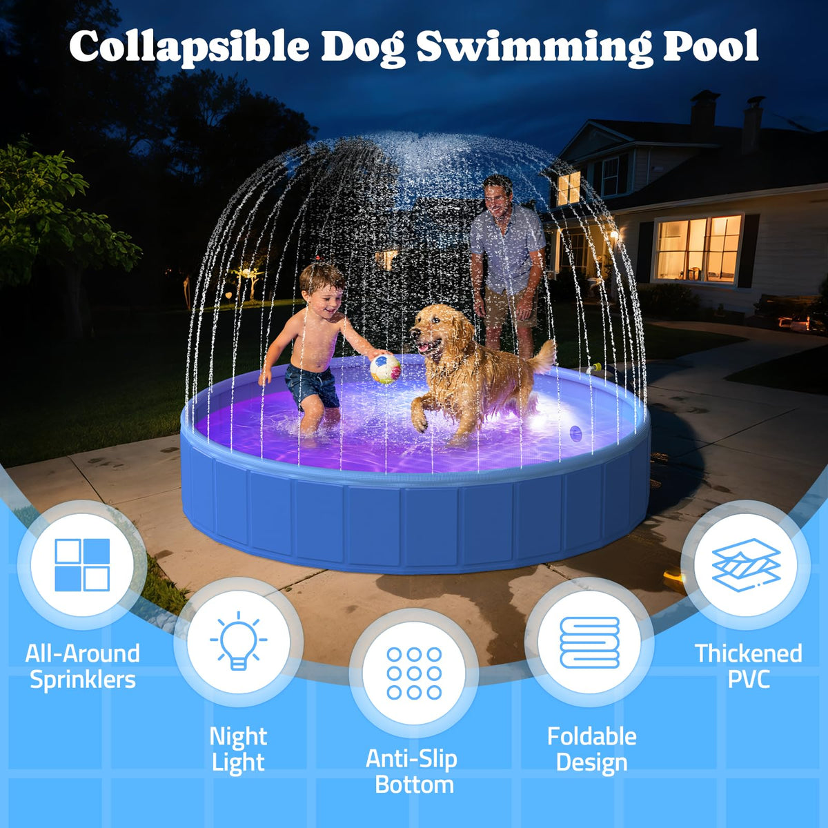 Pawtners Foldable Dog Pool with Sprinkler & RGB LED Light, 72", Blue | Collapsible Hard Plastic Swimming Pool for Small Large Dogs Cats and Kids, Portable Pet Bathing Tub for Backyard Camping