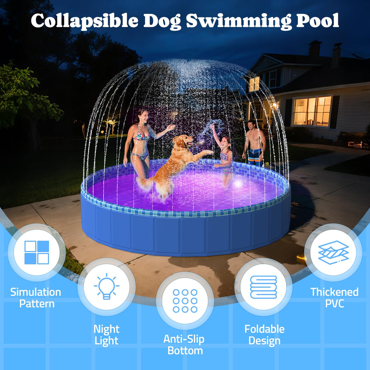 Pawtners Large Foldable Kiddie Pool 72" with Sprinkler & RGB LED Light | Splash Pad, Wading Pool, Bathing Tub, Hard Plastic, Heavy Duty, Non-Slip, Durable, Scratch Resistant, Suitable for Backyard