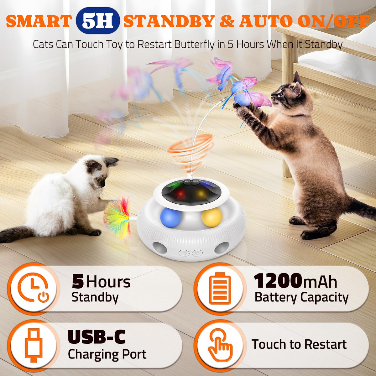 Interactive Cat Toy, 4 in 1 Automatic Interactive Kitten Toys for Indoor Cats Rechargeable with Fluttering Butterfly, Track Balls and Ambush Feather
