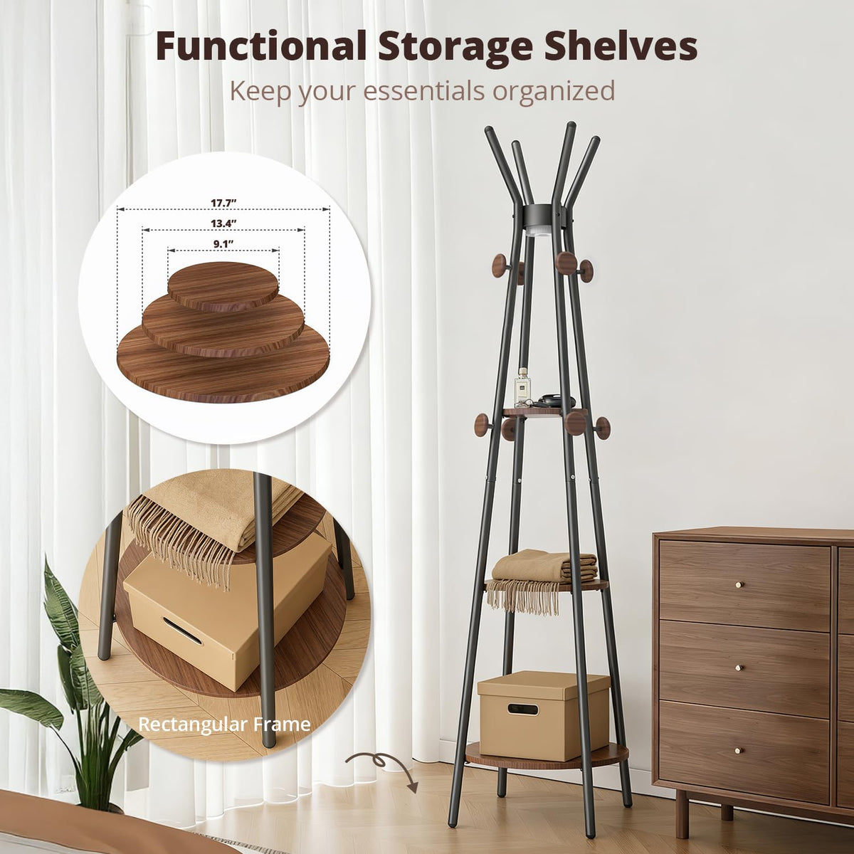 Coat Rack, Freestanding Coat Rack with 3 Shelves and 12 Hooks, Coat tree with Motion Sensor Light for Entryway, Livingroom, Hall Tree Free Standing for Coats, Scarves, Handbags, Black