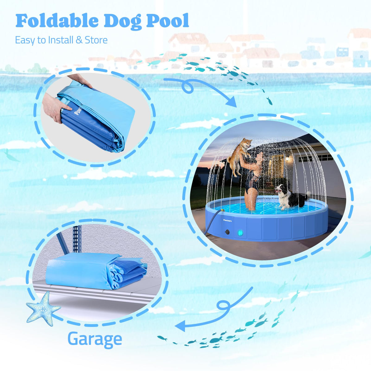 Pawtners Foldable Dog Pool with Sprinkler & RGB LED Light, 72", Blue | Collapsible Hard Plastic Swimming Pool for Small Large Dogs Cats and Kids, Portable Pet Bathing Tub for Backyard Camping