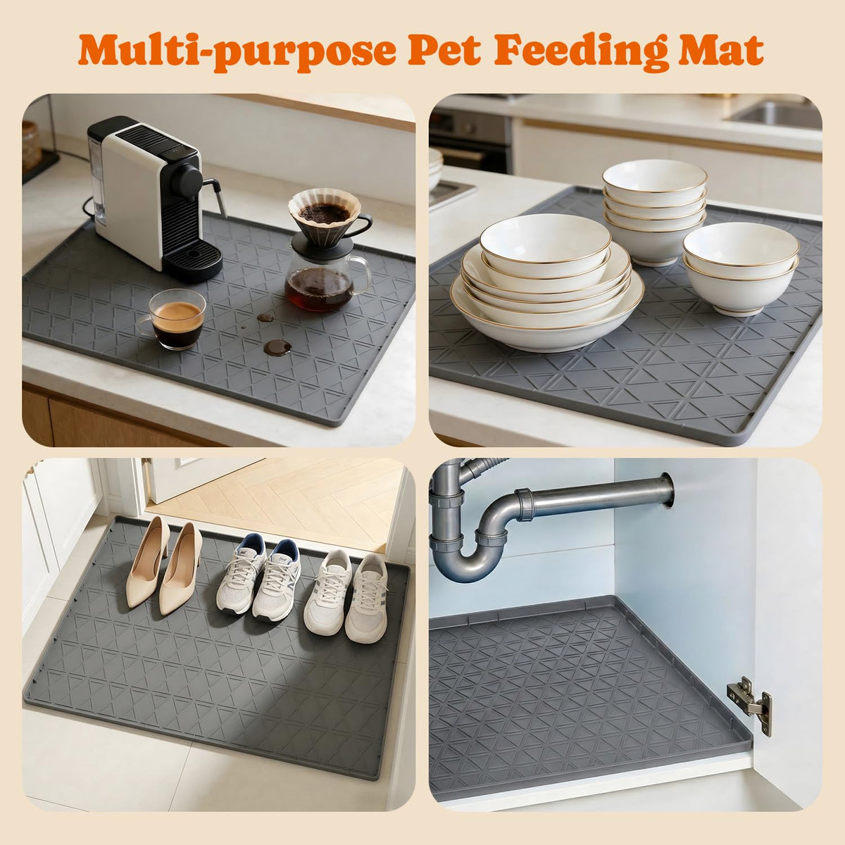 Large Silicone Dog Food Mat with Raised Edge, Waterproof Non-Slip Pet Feeding Mat for Floors, Dog Bowl Mat for Food and Water, Spill Proof Cat & Dog Feeding Placemat, Easy Clean, 34 x 22, Gray