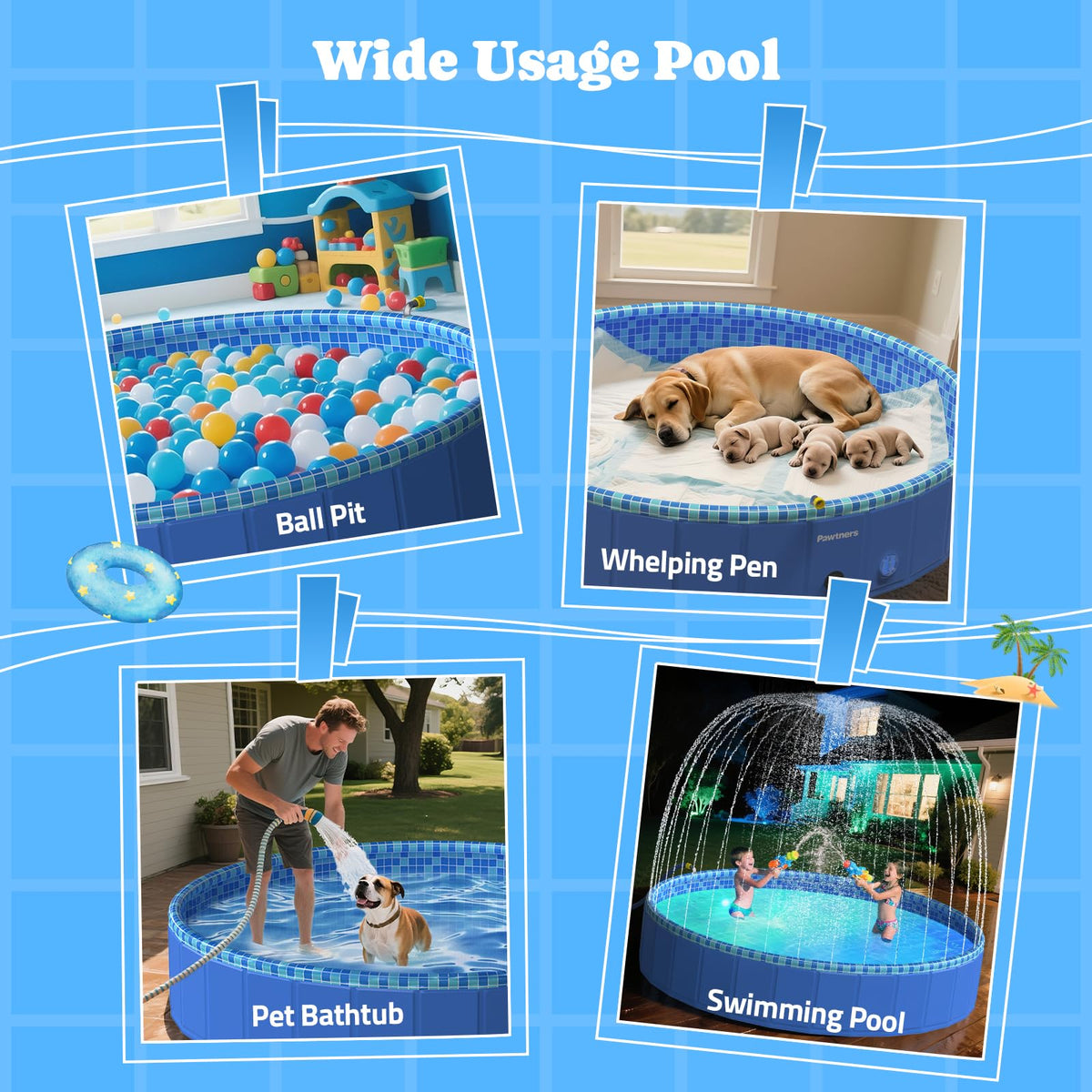 Pawtners Large Foldable Kiddie Pool 72" with Sprinkler & RGB LED Light | Splash Pad, Wading Pool, Bathing Tub, Hard Plastic, Heavy Duty, Non-Slip, Durable, Scratch Resistant, Suitable for Backyard