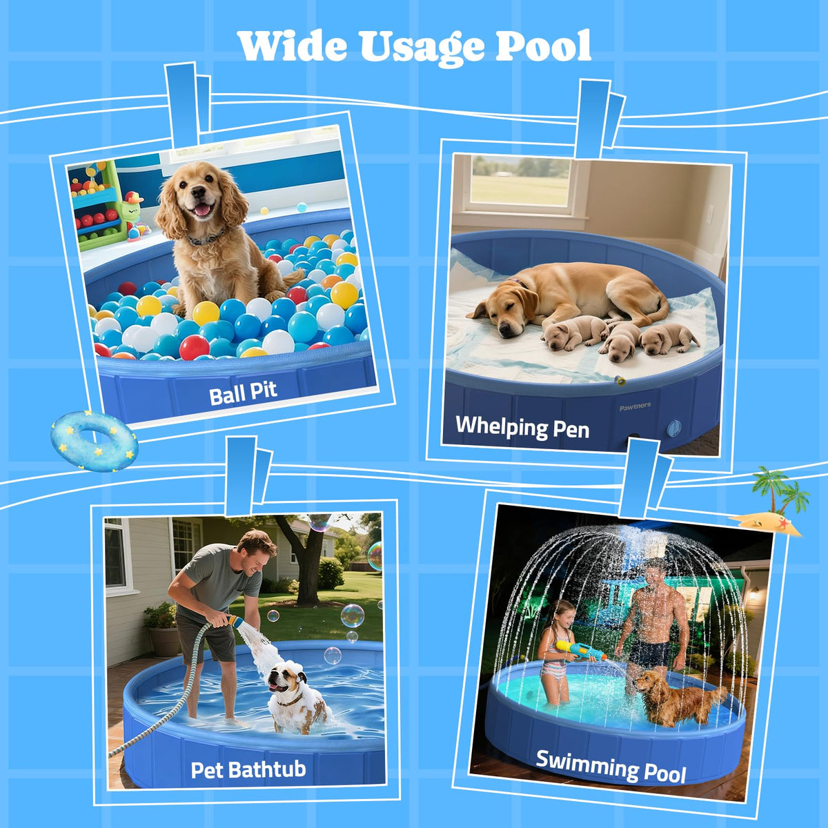 Pawtners Foldable Dog Pool with Sprinkler & RGB LED Light, 72", Blue | Collapsible Hard Plastic Swimming Pool for Small Large Dogs Cats and Kids, Portable Pet Bathing Tub for Backyard Camping