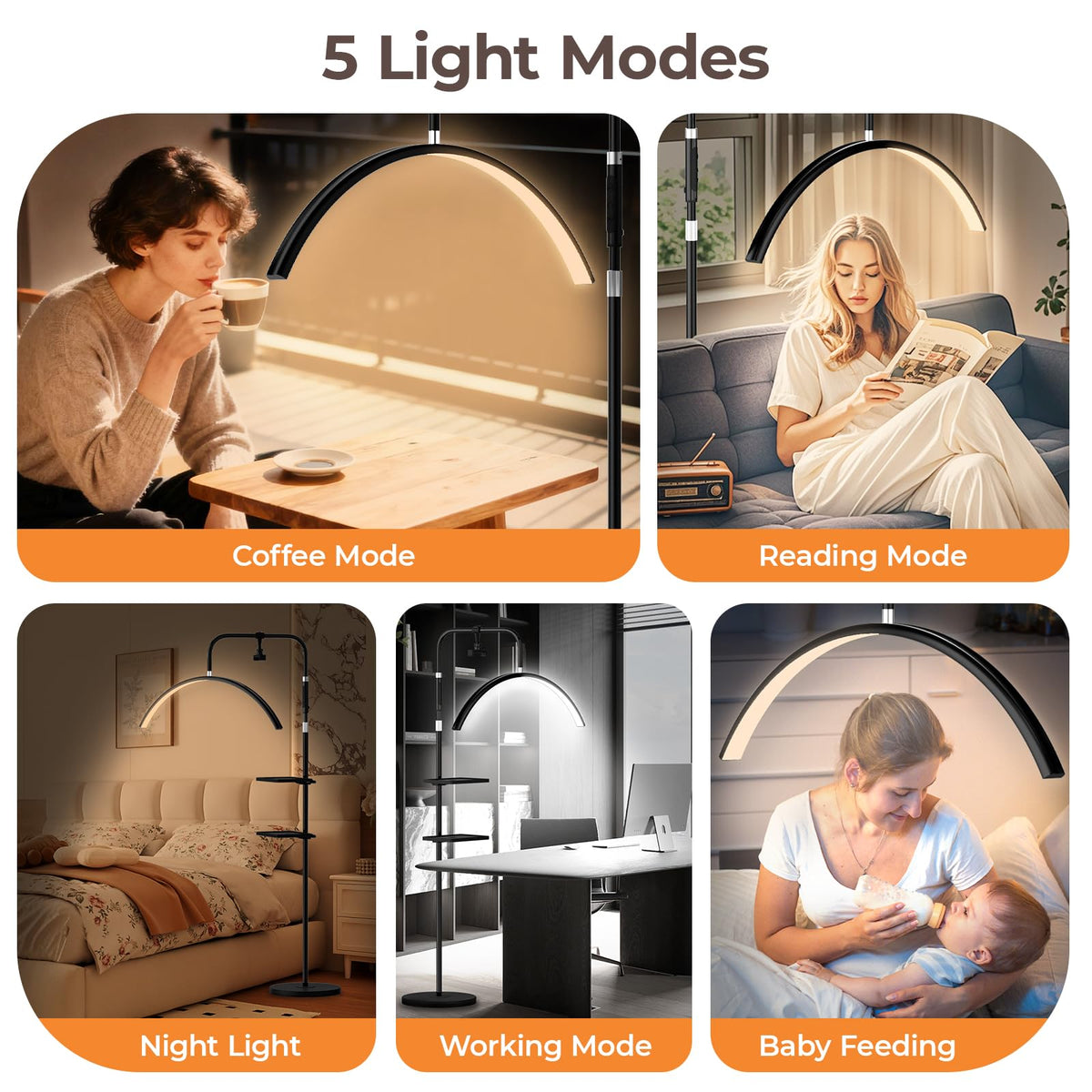 Half Moon Lash Light, 24W 1500LM Dimmable LED Floor Lamp with Adjustable Height for Lash Techs, Tattoo & Nail Artists, 4 Color Modes, Phone Holder & 2 Trays