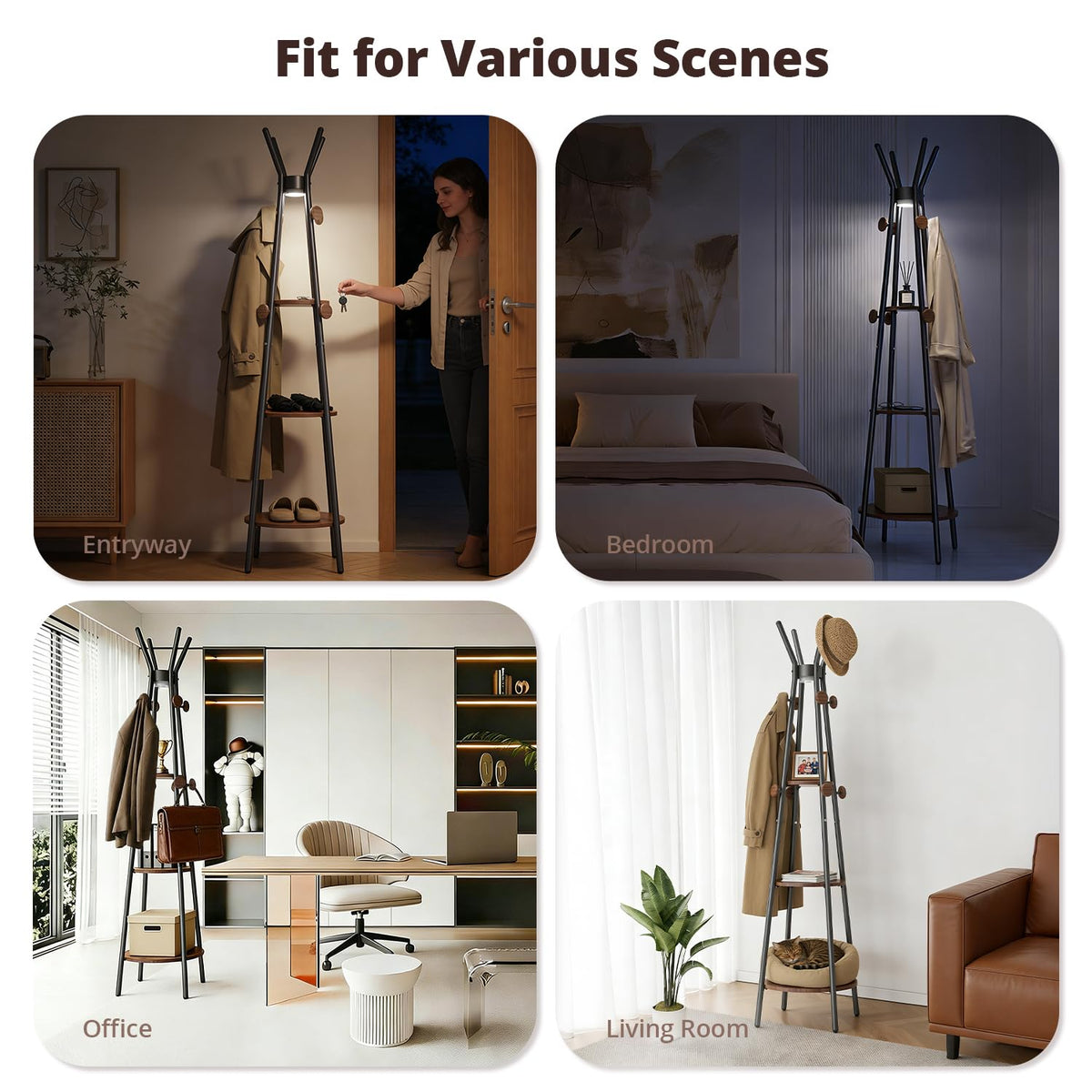 Coat Rack, Freestanding Coat Rack with 3 Shelves and 12 Hooks, Coat tree with Motion Sensor Light for Entryway, Livingroom, Hall Tree Free Standing for Coats, Scarves, Handbags, Black
