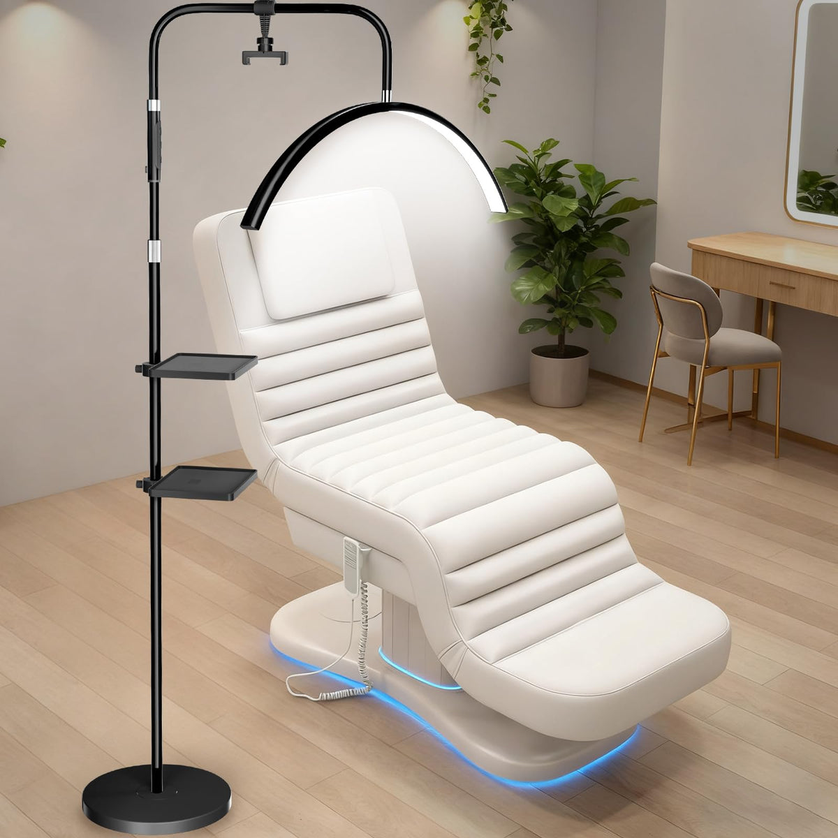 Half Moon Lash Light, 24W 1500LM Dimmable LED Floor Lamp with Adjustable Height for Lash Techs, Tattoo & Nail Artists, 4 Color Modes, Phone Holder & 2 Trays